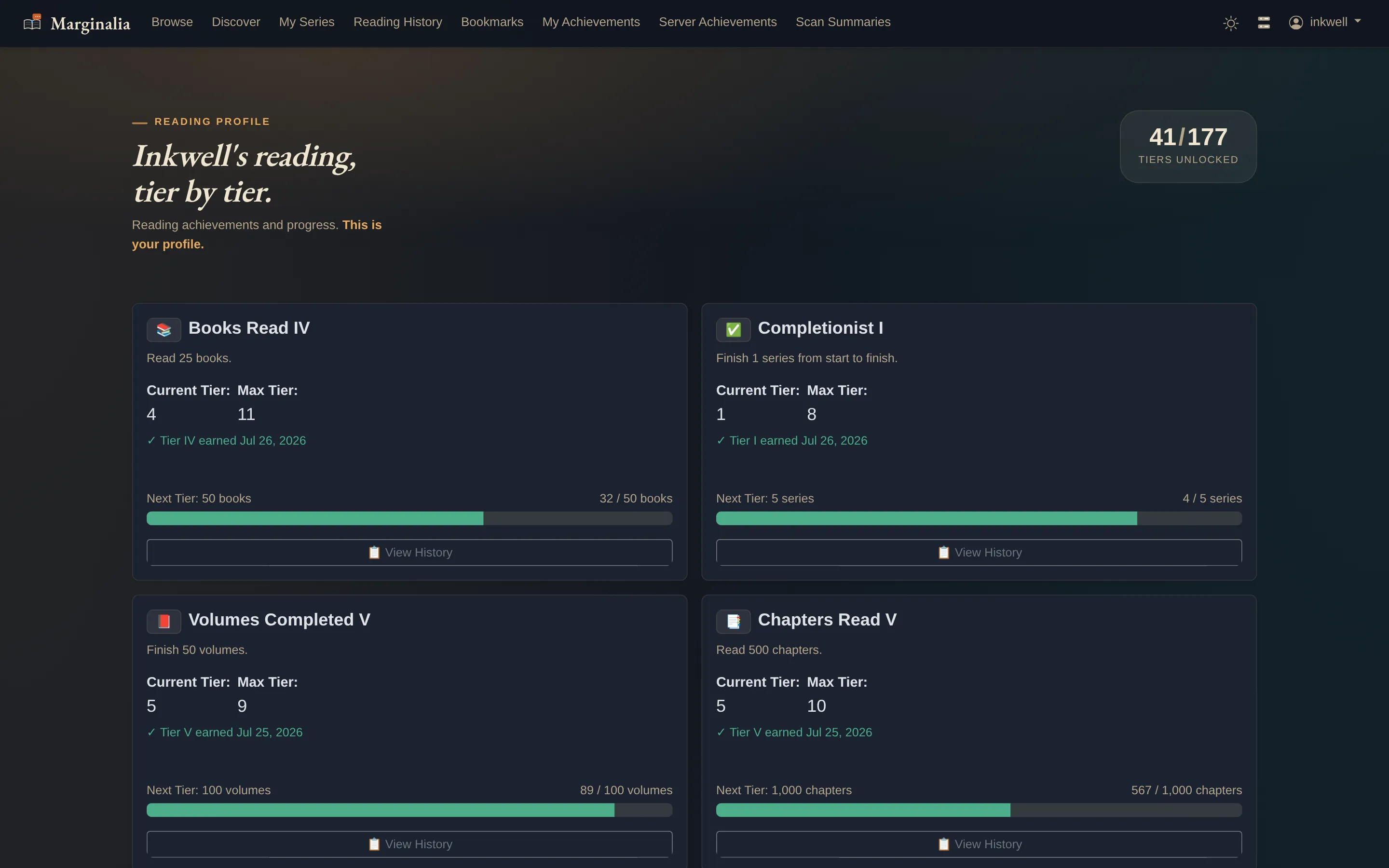 Achievement profile in dark mode