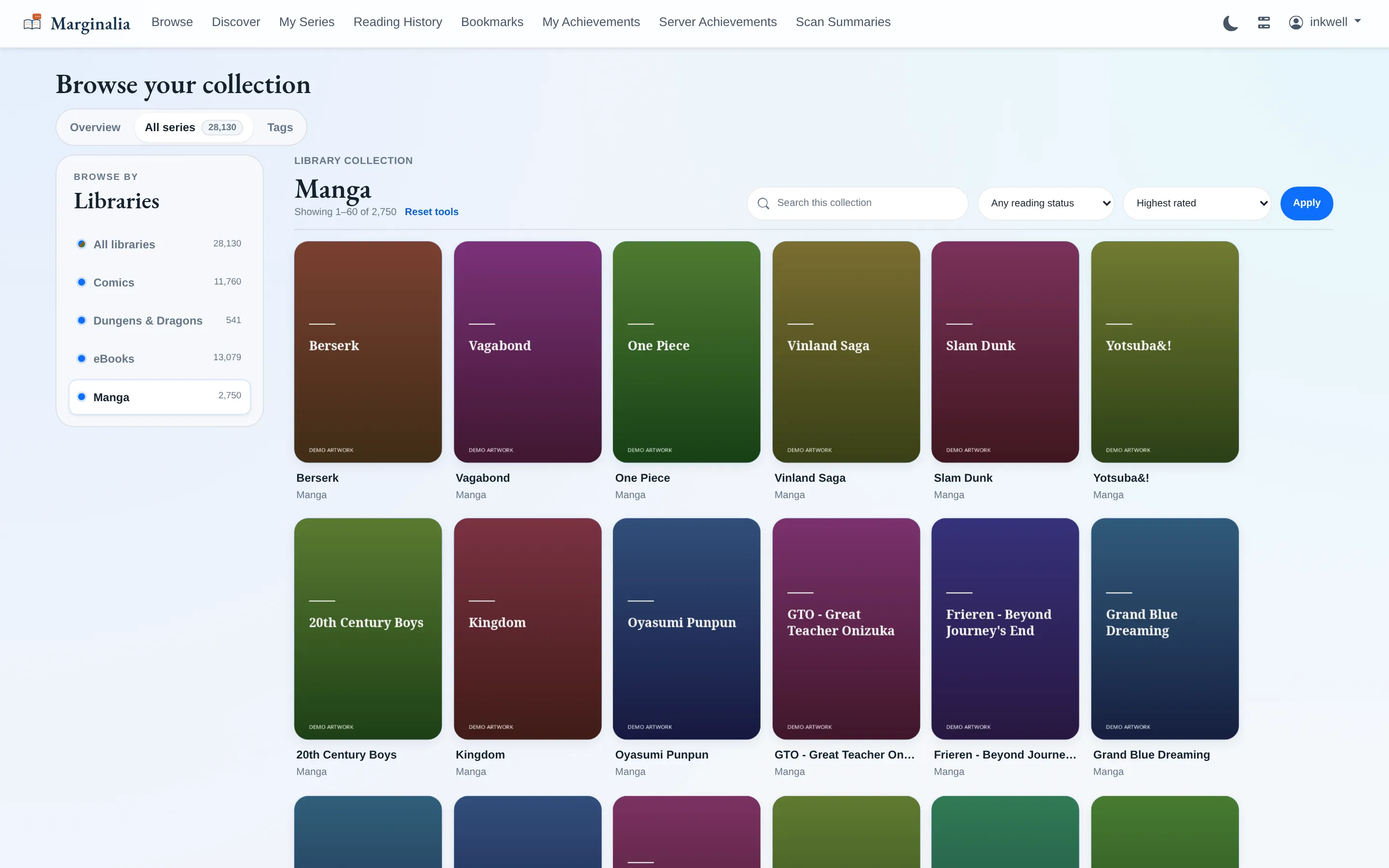 All series view with a library sidebar listing each configured library and its series count, showing the Manga library sorted by highest rated