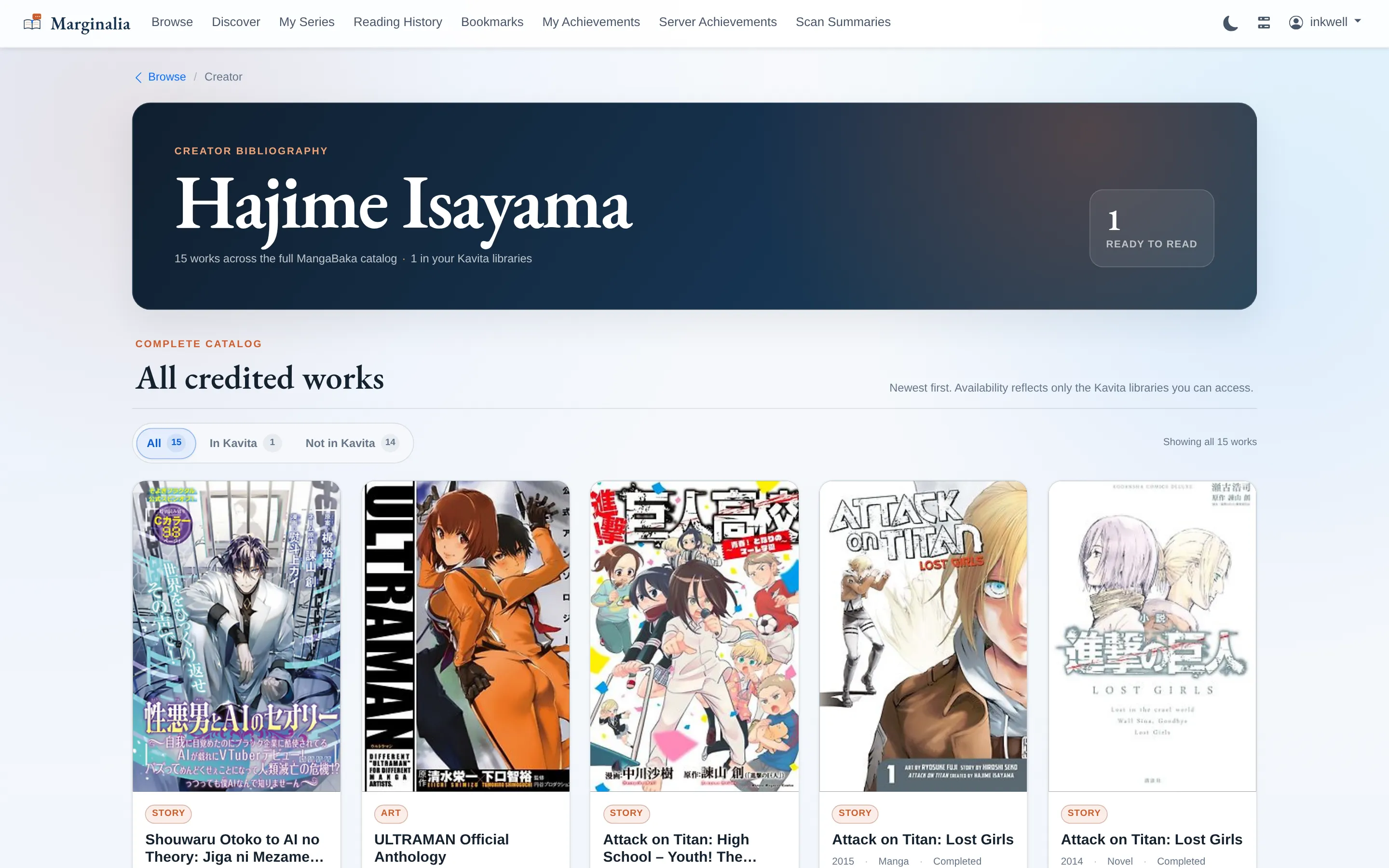 Creator bibliography page for Hajime Isayama showing all fifteen credited works, filtered by whether each is in Kavita