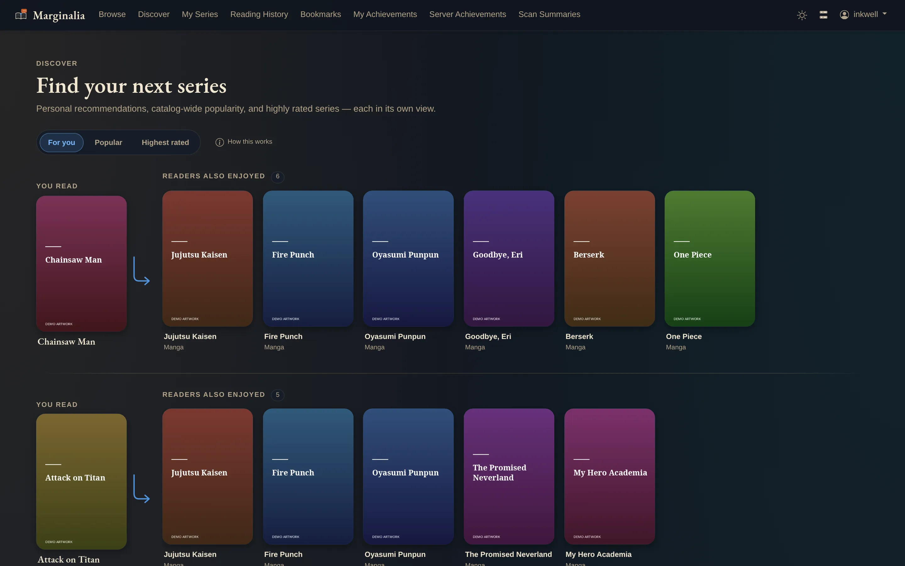 Discover page in dark mode
