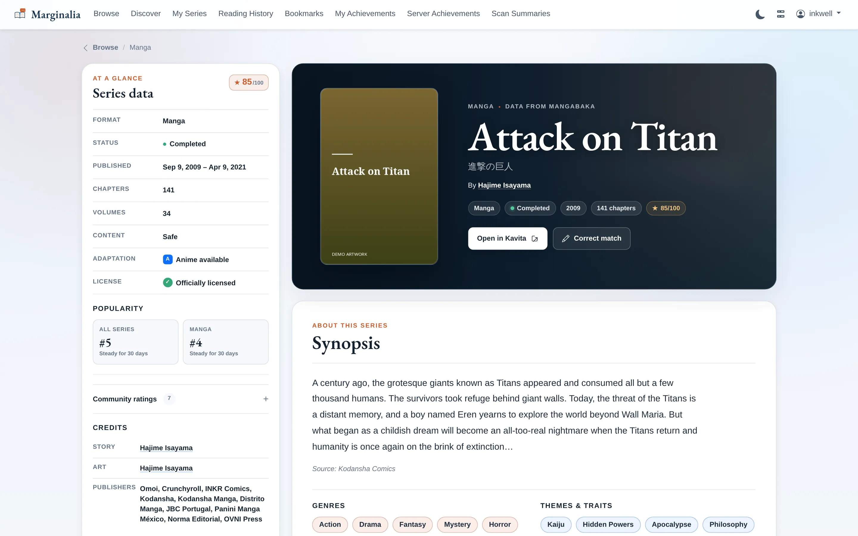 Series detail page for Attack on Titan with a blurred-cover hero, series data sidebar, synopsis, credits, genres and themes