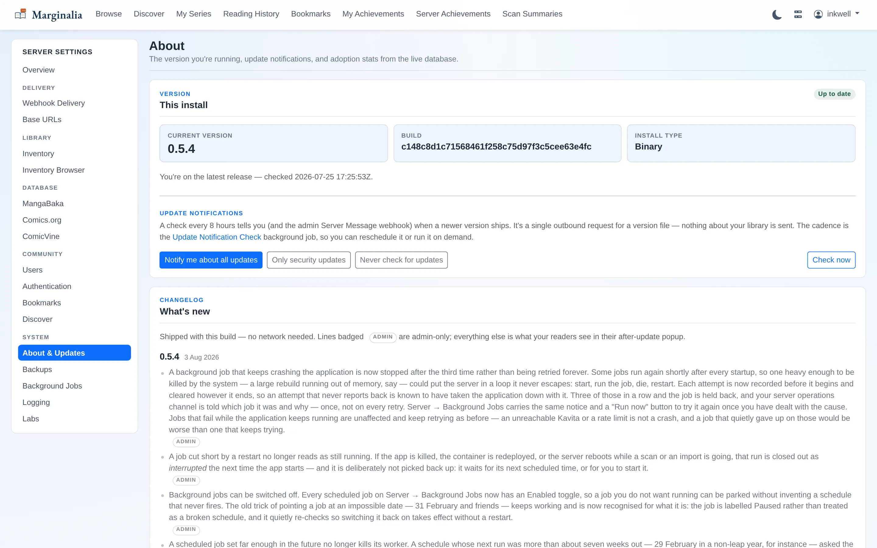 About and updates page showing version, update notification options, changelog and feature adoption stats
