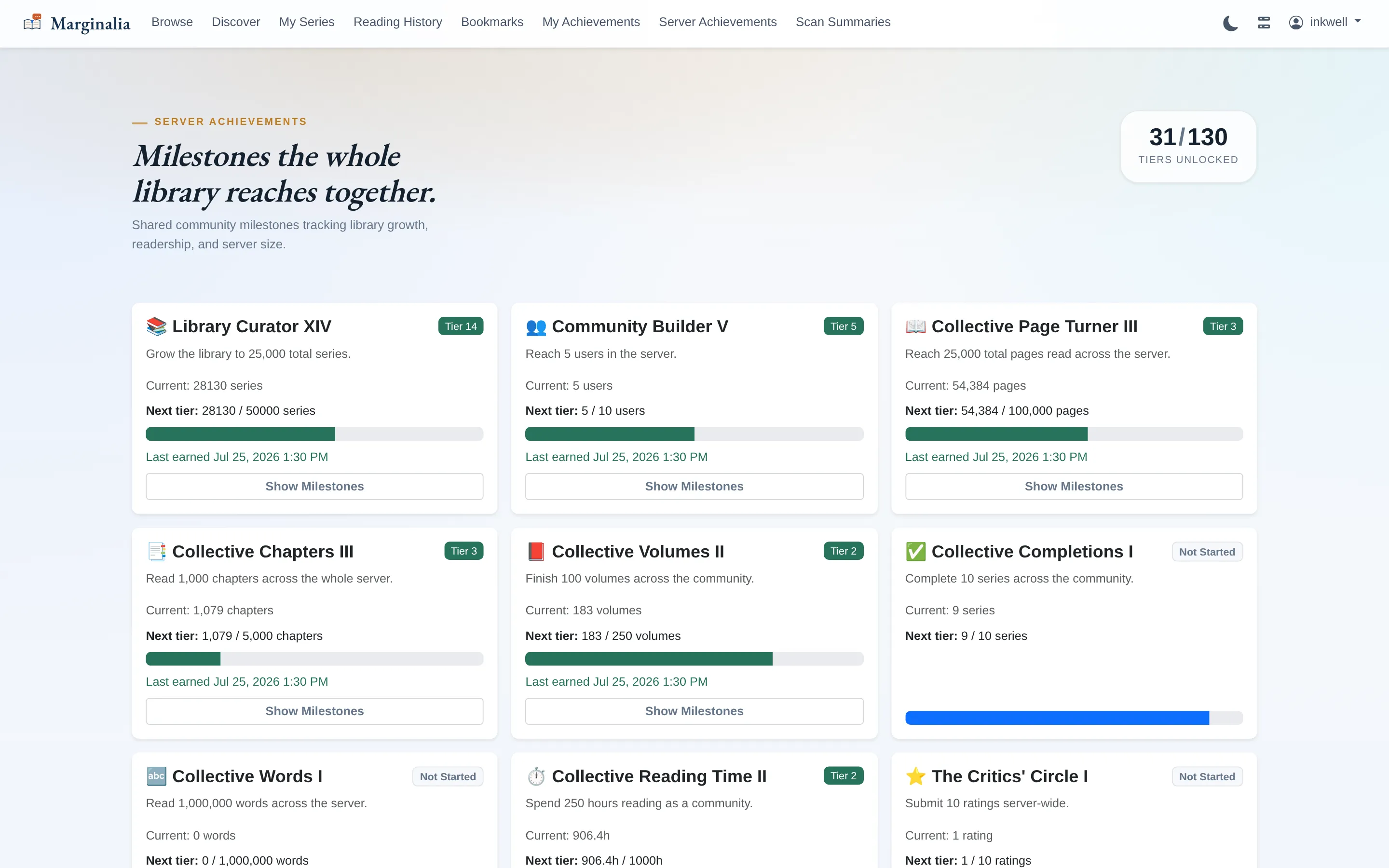 Server achievements page showing goals the whole install contributes to