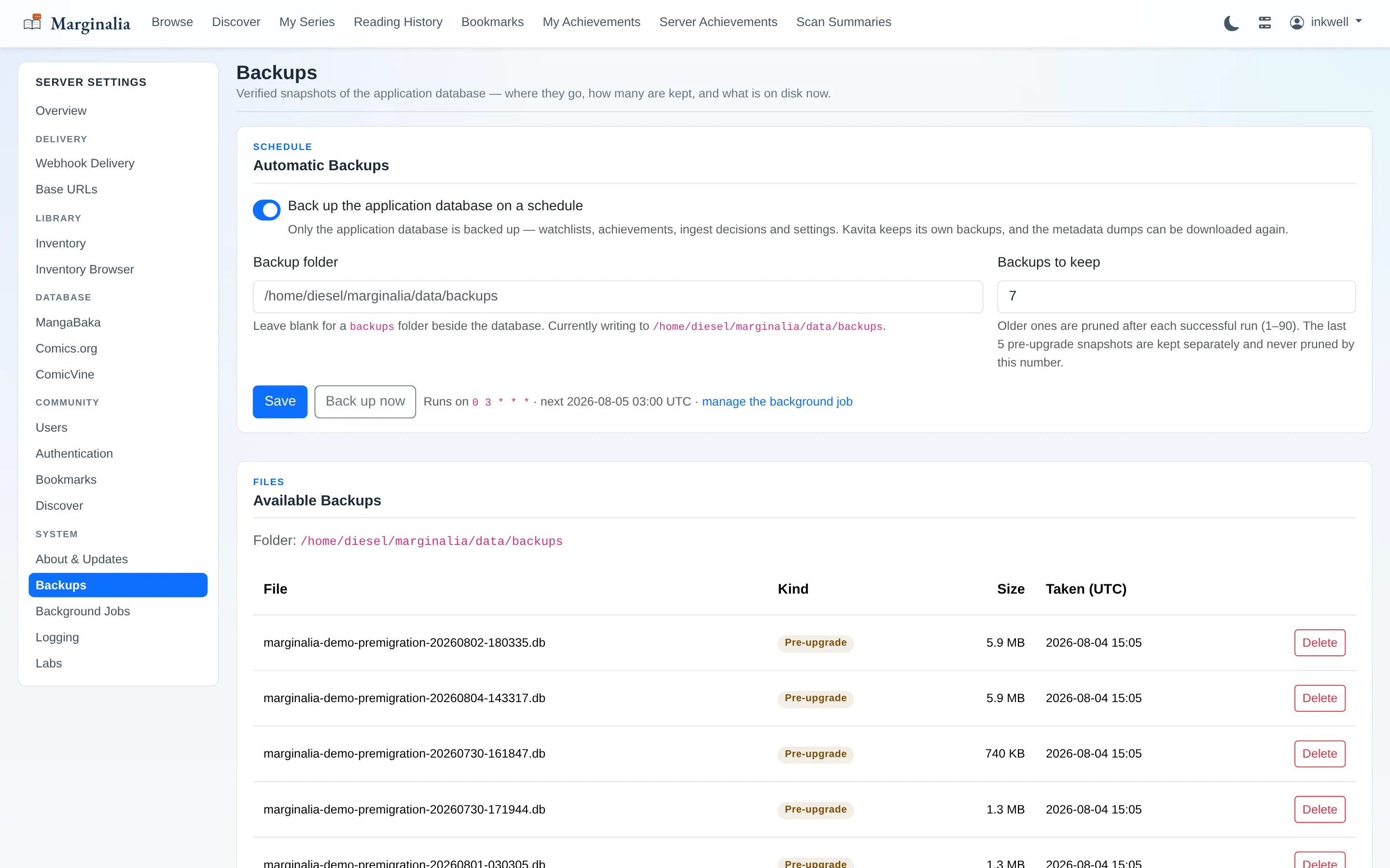 Backups settings page showing schedule, backup folder, retention count and a list of existing snapshots