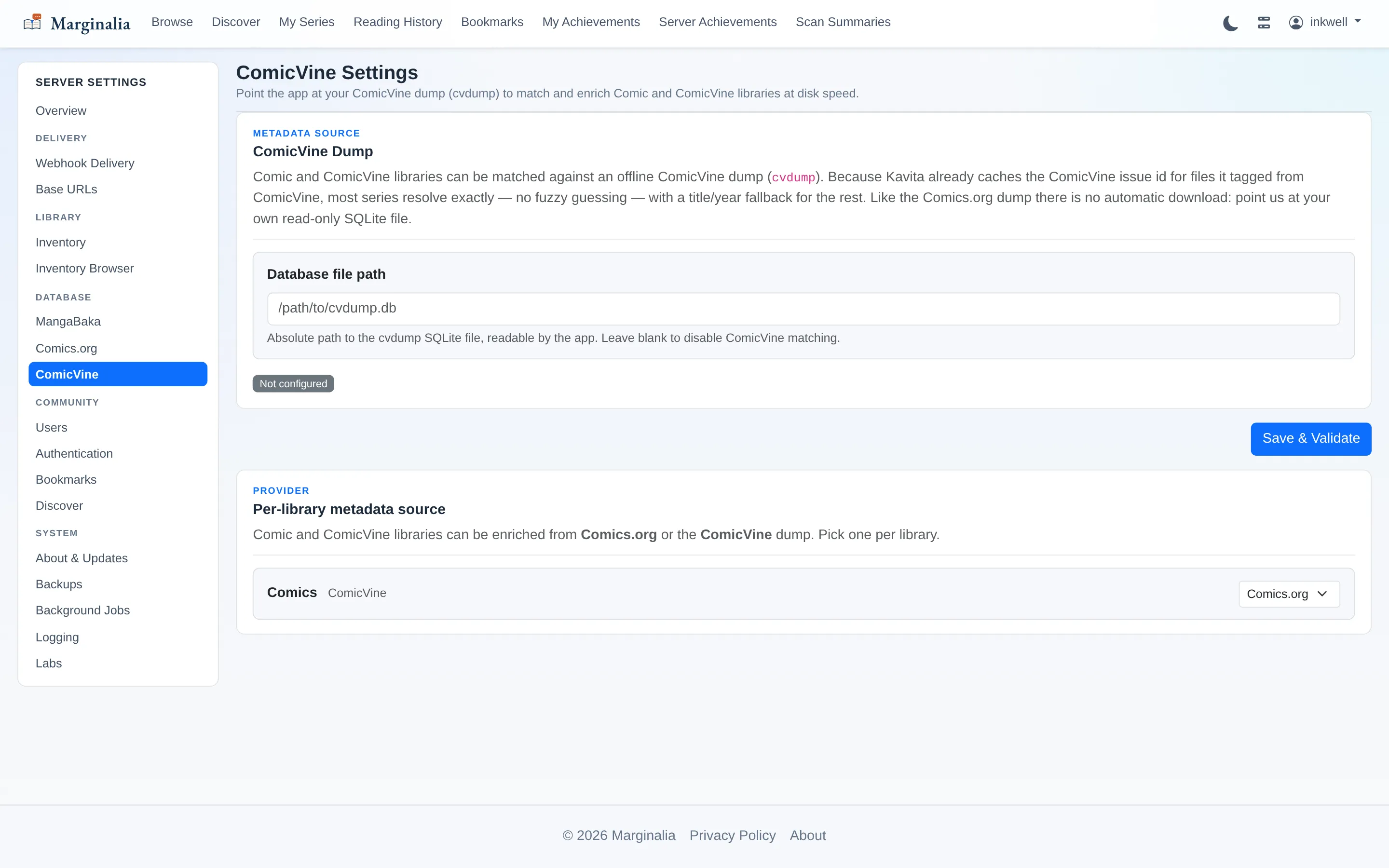 ComicVine dump provider settings page