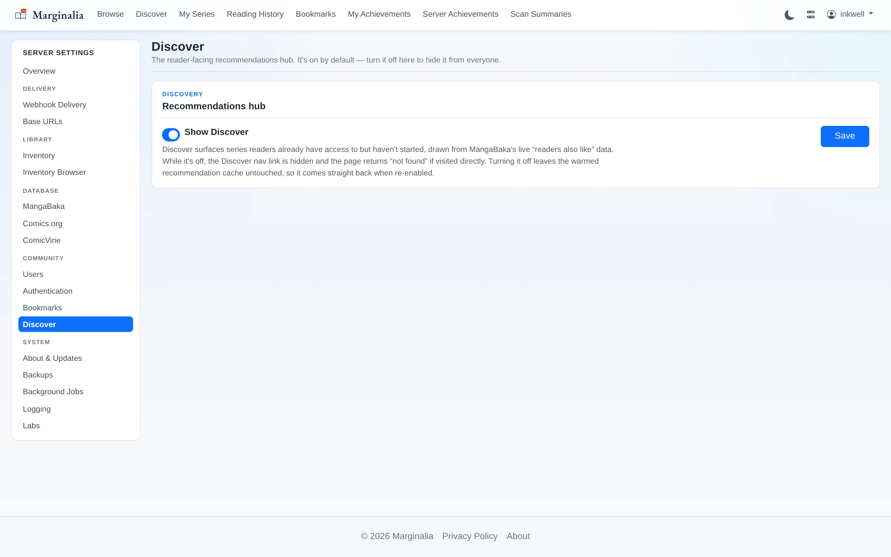 Discover settings page controlling recommendation hub visibility