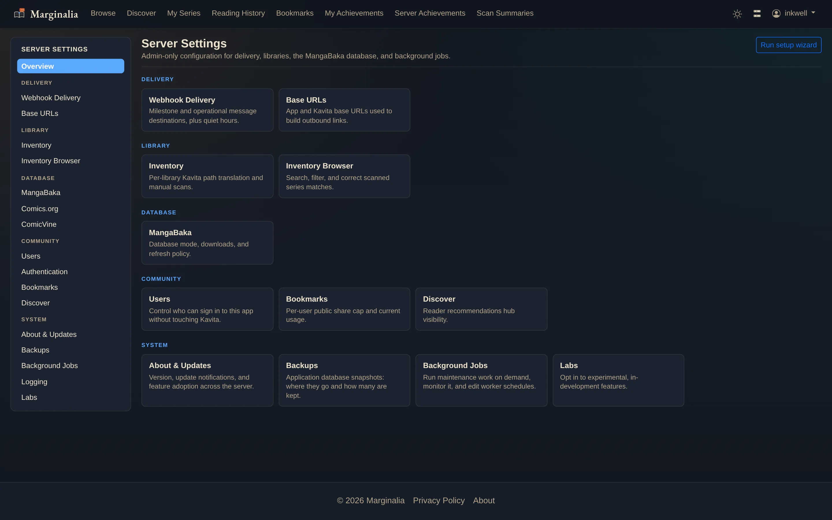 Server settings overview in dark mode