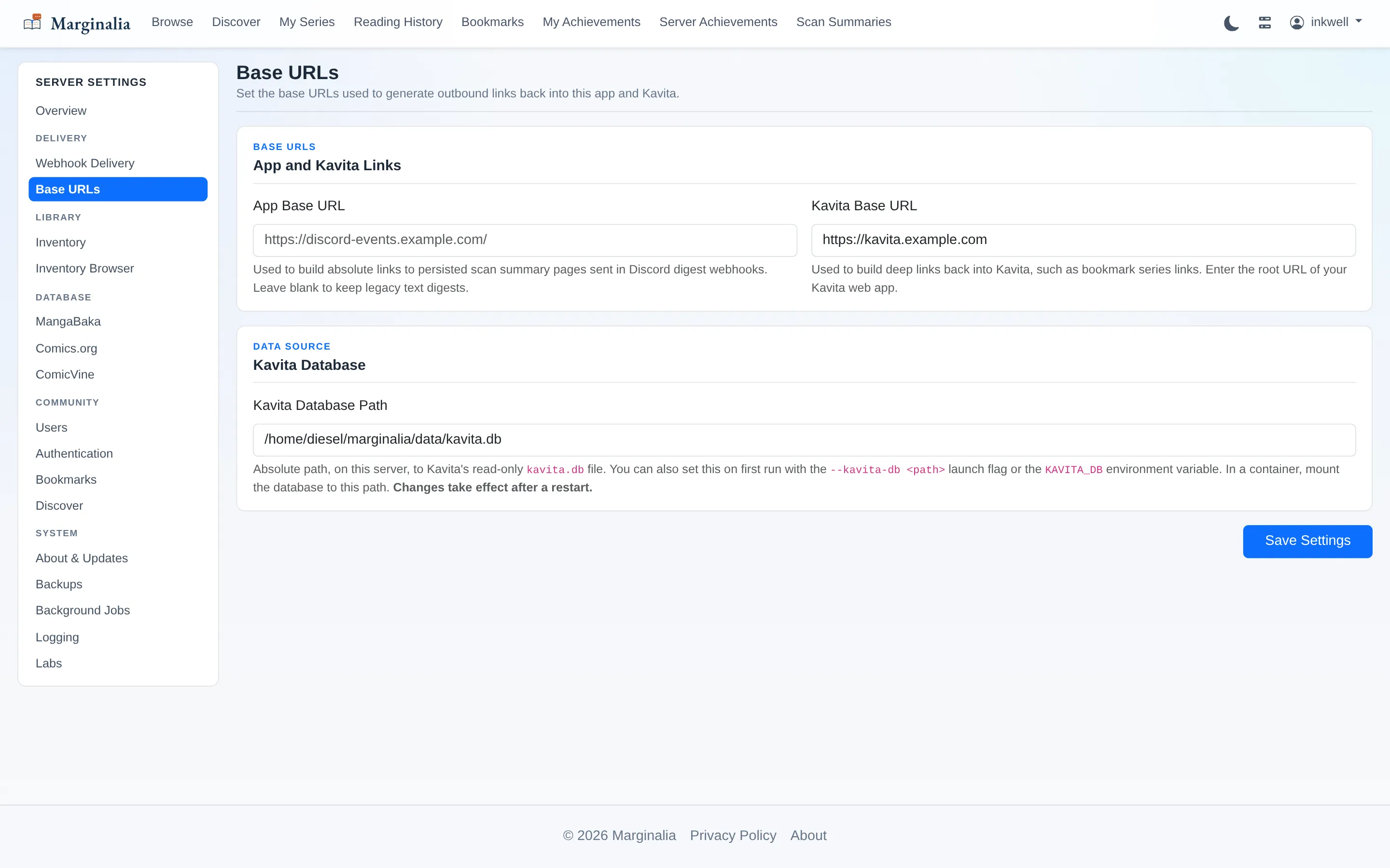 Base URLs settings page for the app and Kavita