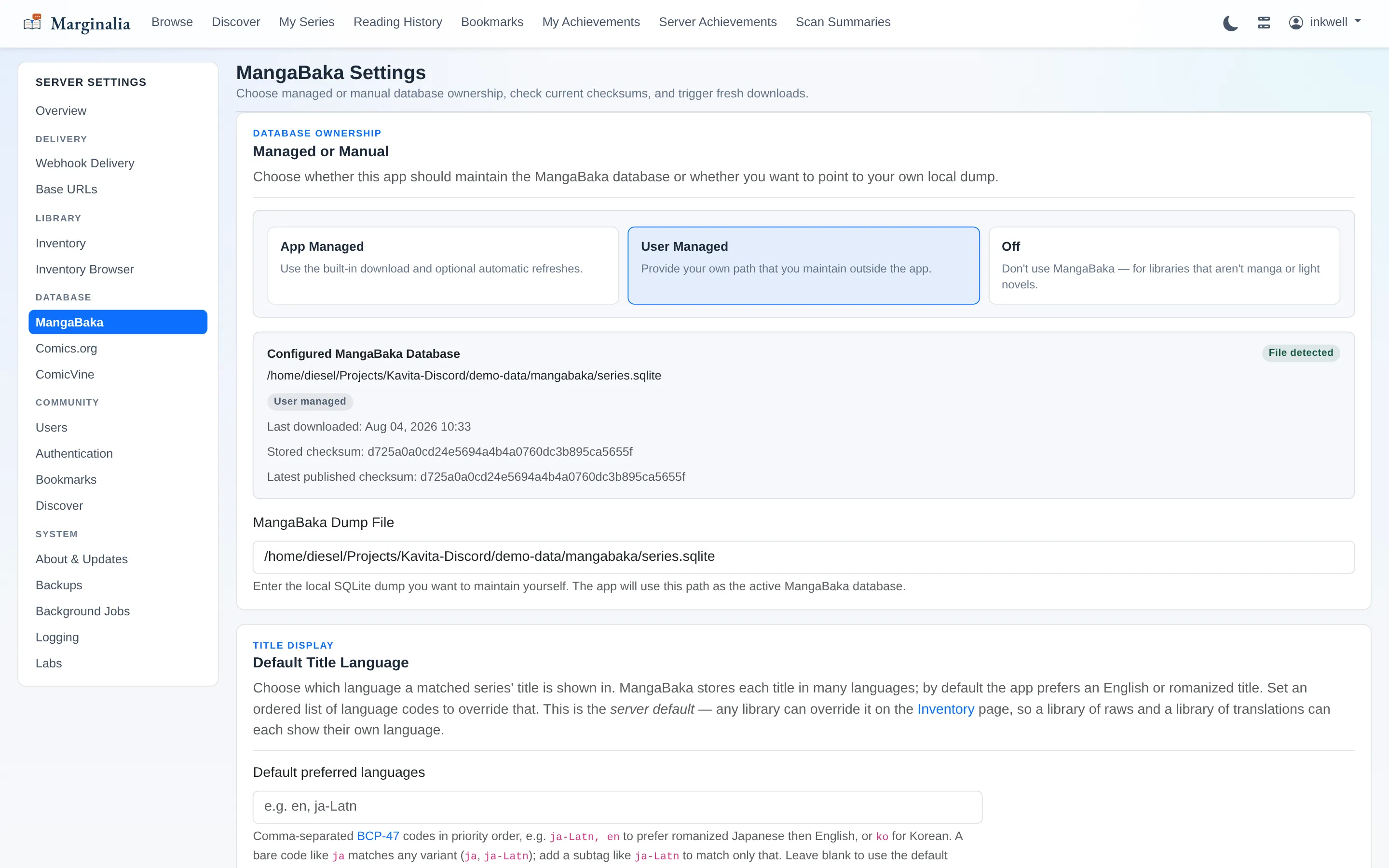 MangaBaka settings page showing managed database status, download state and refresh policy