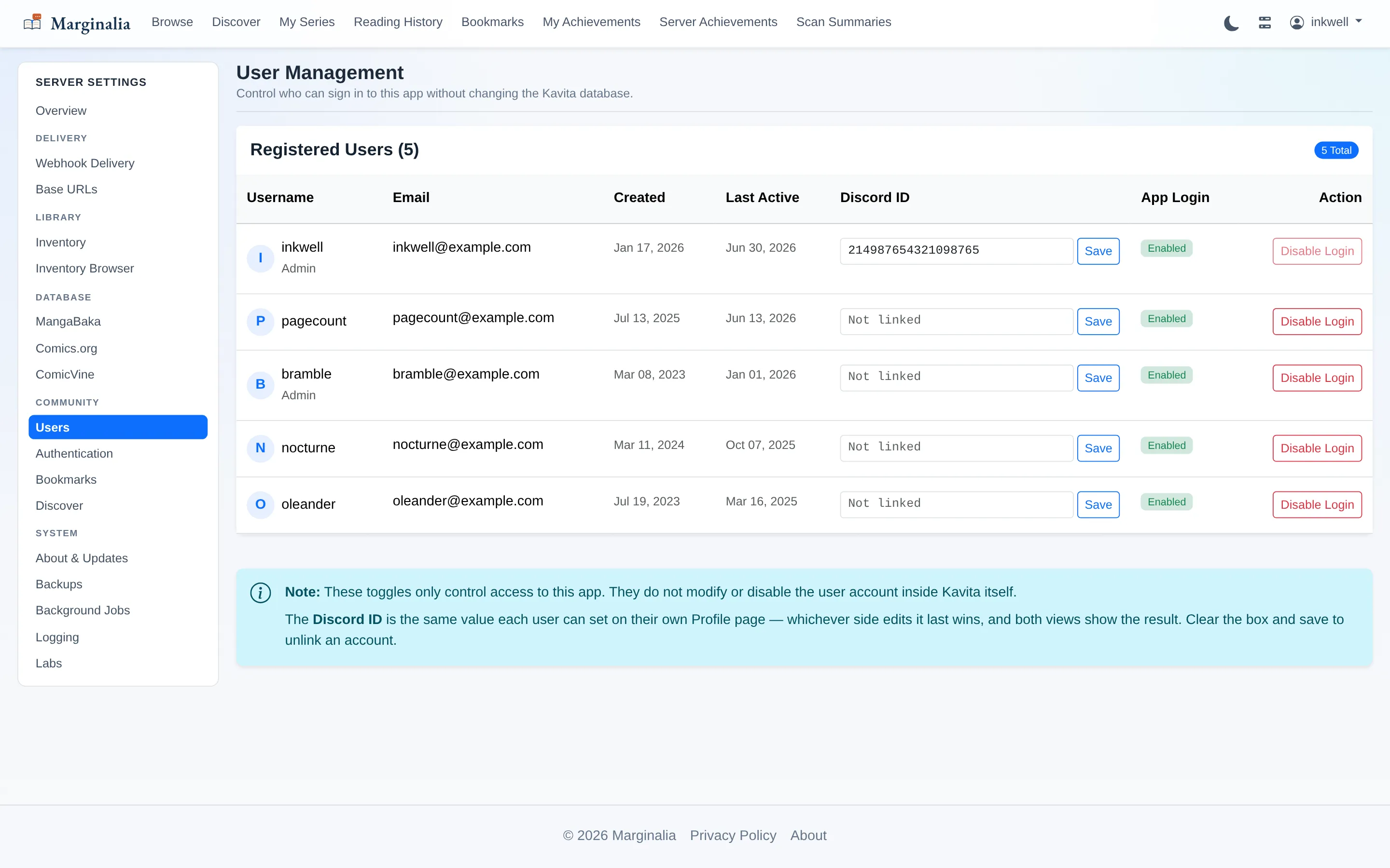 User management page listing registered accounts with Discord ID fields and per-account app login toggles