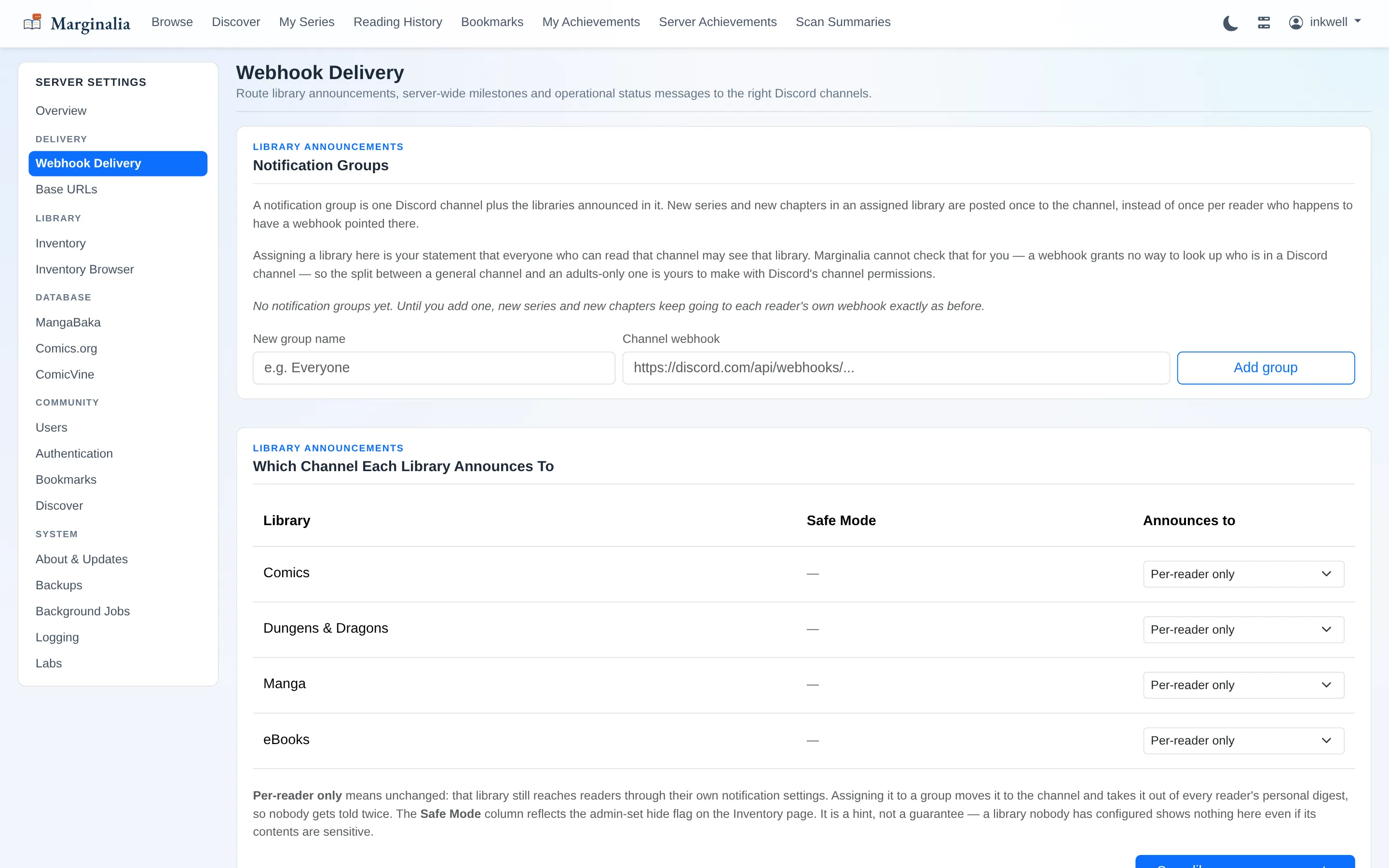 Webhook delivery page showing notification groups and a per-library table of which channel each library announces to