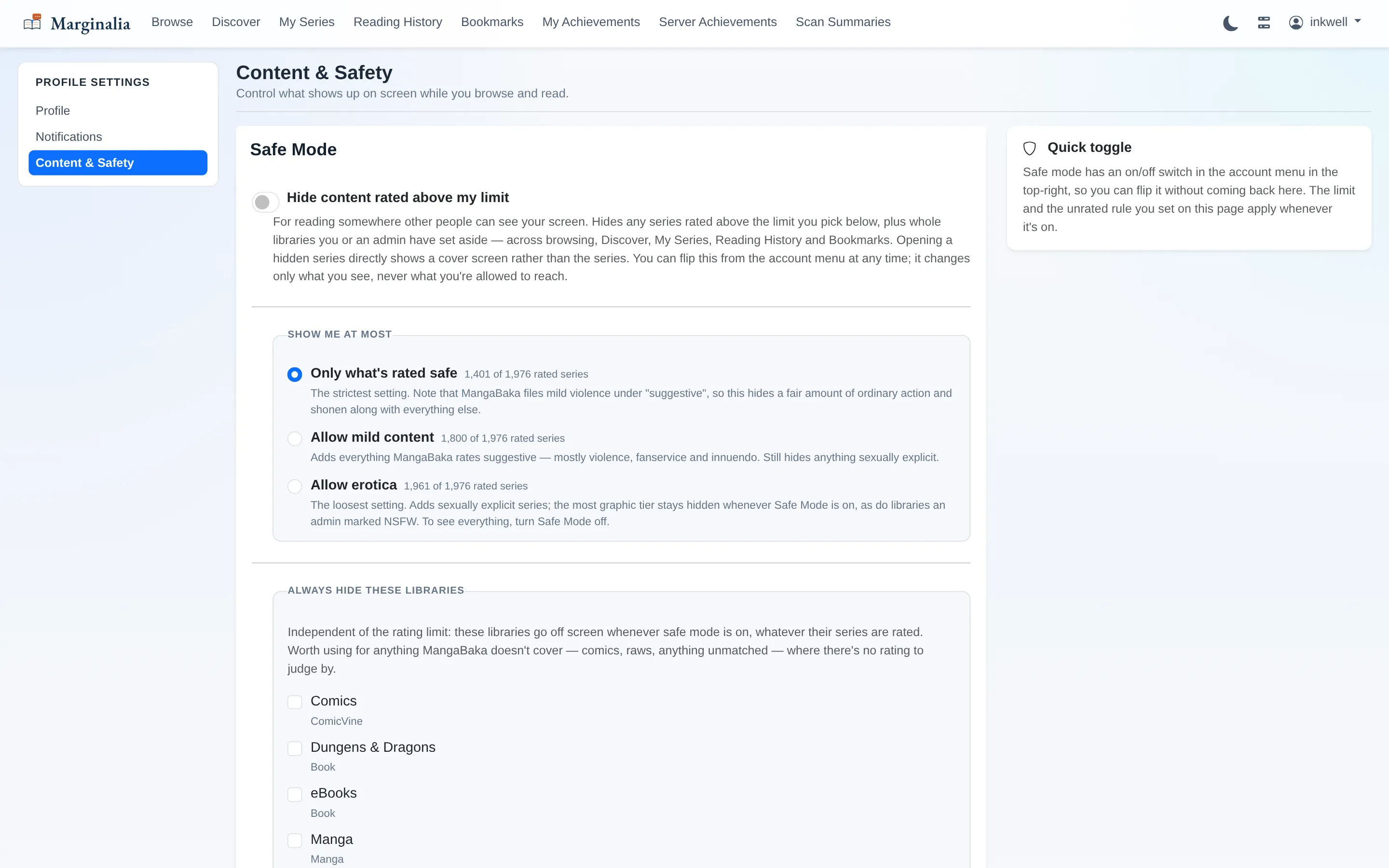 Content and safety settings page with a safe mode toggle, three content ceiling options and a per-library hide list