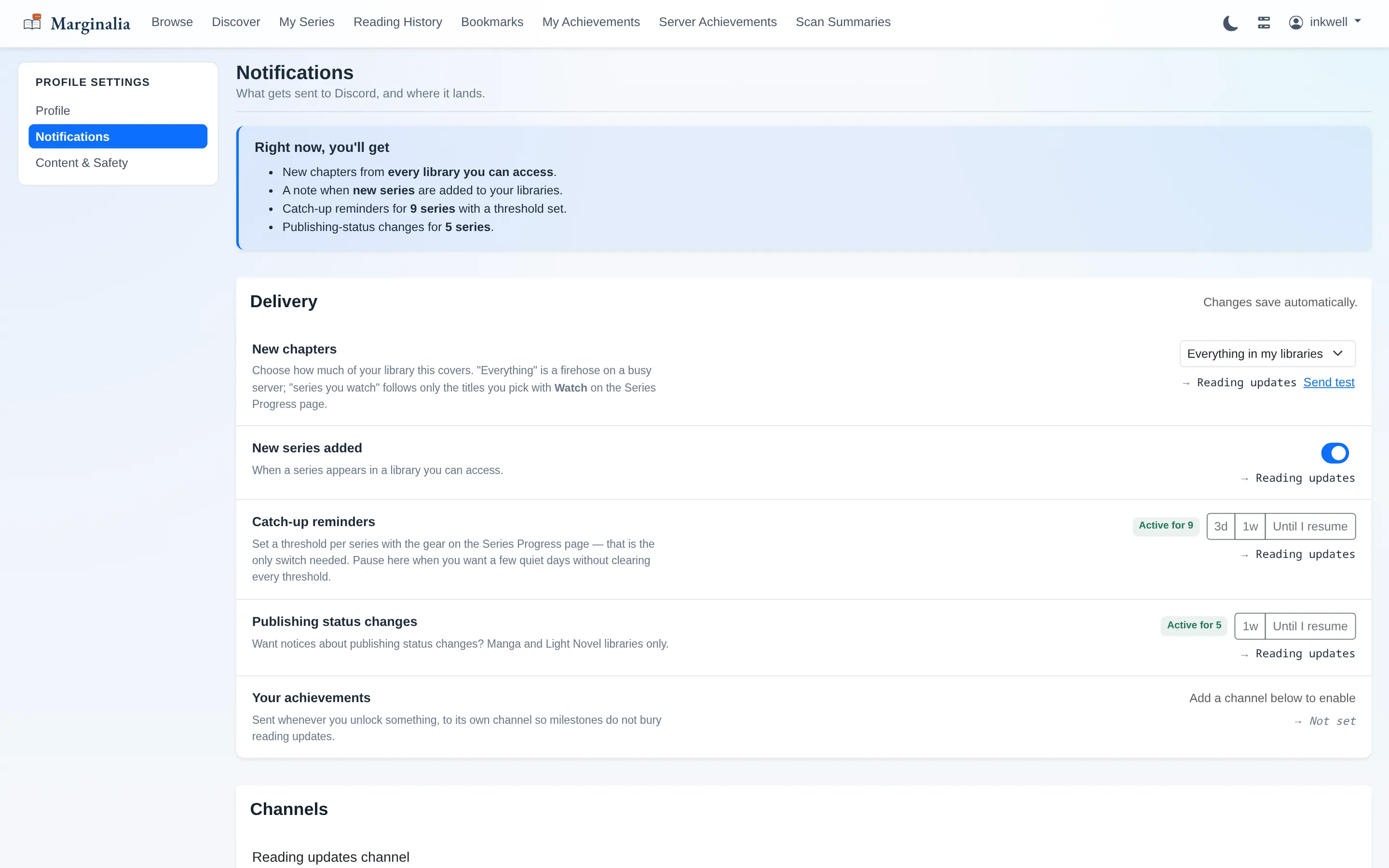 Notification settings page with a summary panel, per-event delivery rows, channel routing and snooze controls